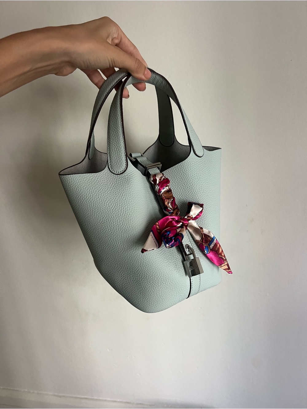 Mint Blue Pebbled Leather Mini Tote with Silk Scarf Accent